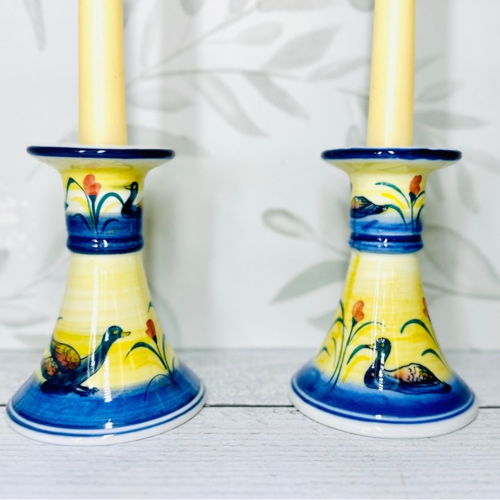 Vintage Hand-Painted Yellow & Blue Ducks Sunset Lake Candlestick Holders Set